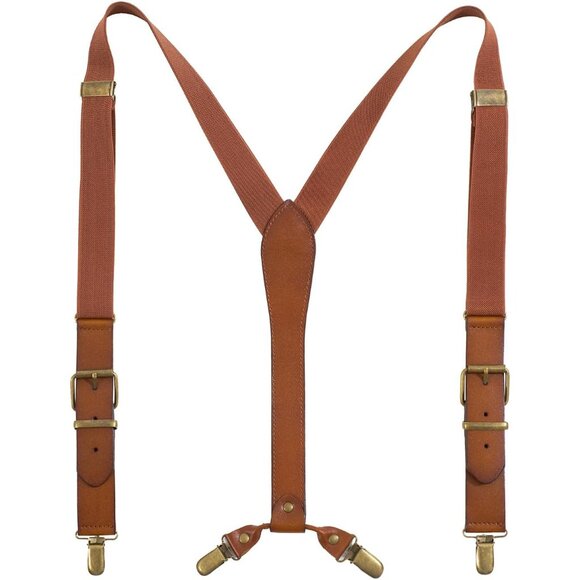 Men's Y-Back 4 Metal Clip Elastic Suspenders Vintage Brown Braces Perfect For Bo